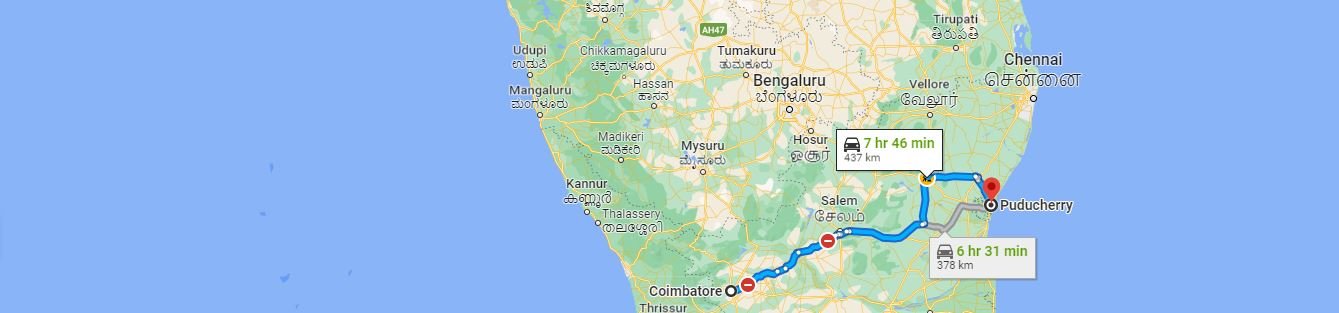 Coimbatore To Pondicherry Distance Route 2