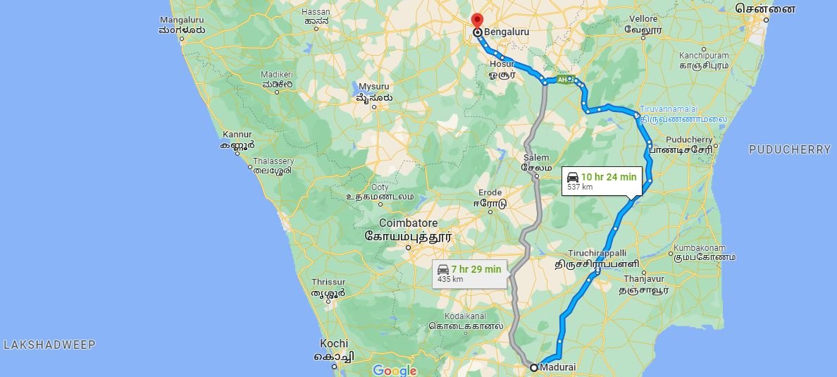 Madurai To Bangalore Distance