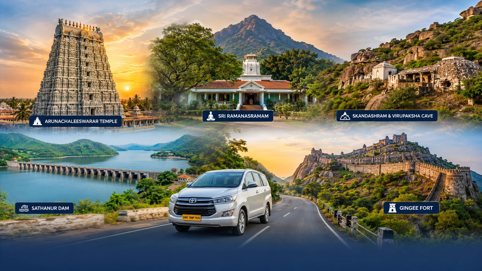 Top 5 places to visit around Tiruvannamalai by cab, featuring Arunachaleswarar Temple, Sri Ramanasramam, Skandashram and Virupaksha Cave, Sathanur Dam, and Gingee Fort.